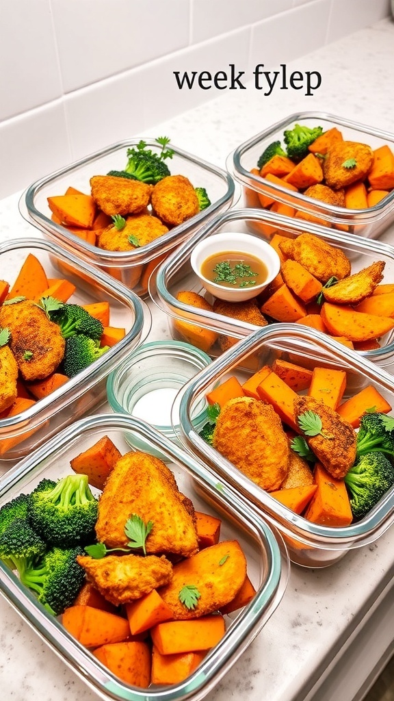 Meal prep containers with air-fried chicken, broccoli, and sweet potatoes on a kitchen counter.